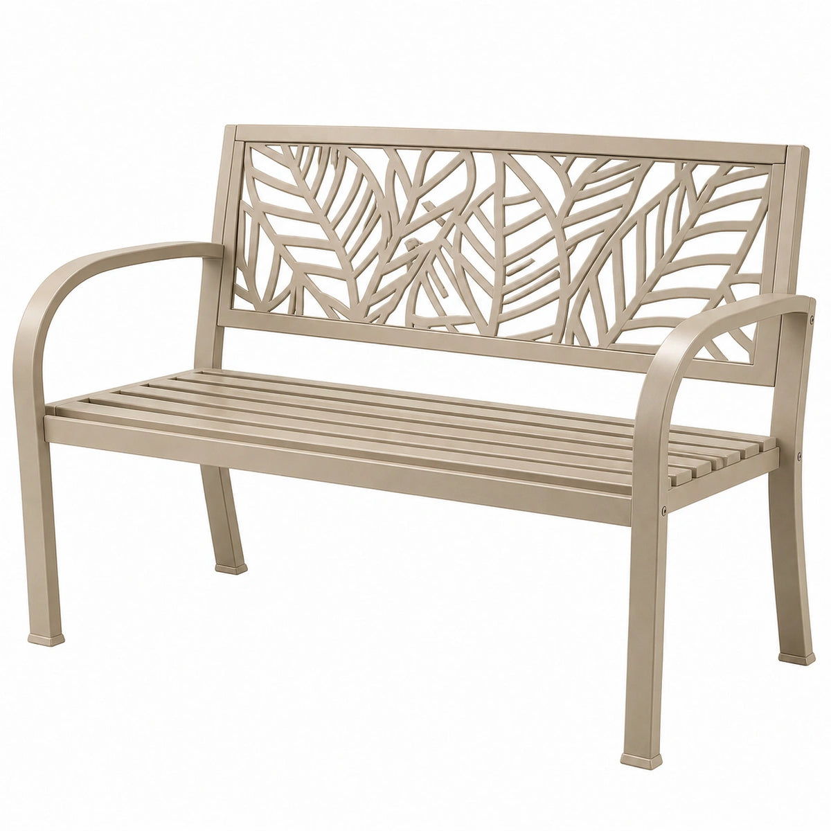 Banc de jardin 122 x 60 x 86 cm en métal beige motif feuillage avec accoudoirs